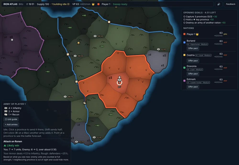 Iron Atlas: A province selected on the map, with a battle forecast and game interface.
