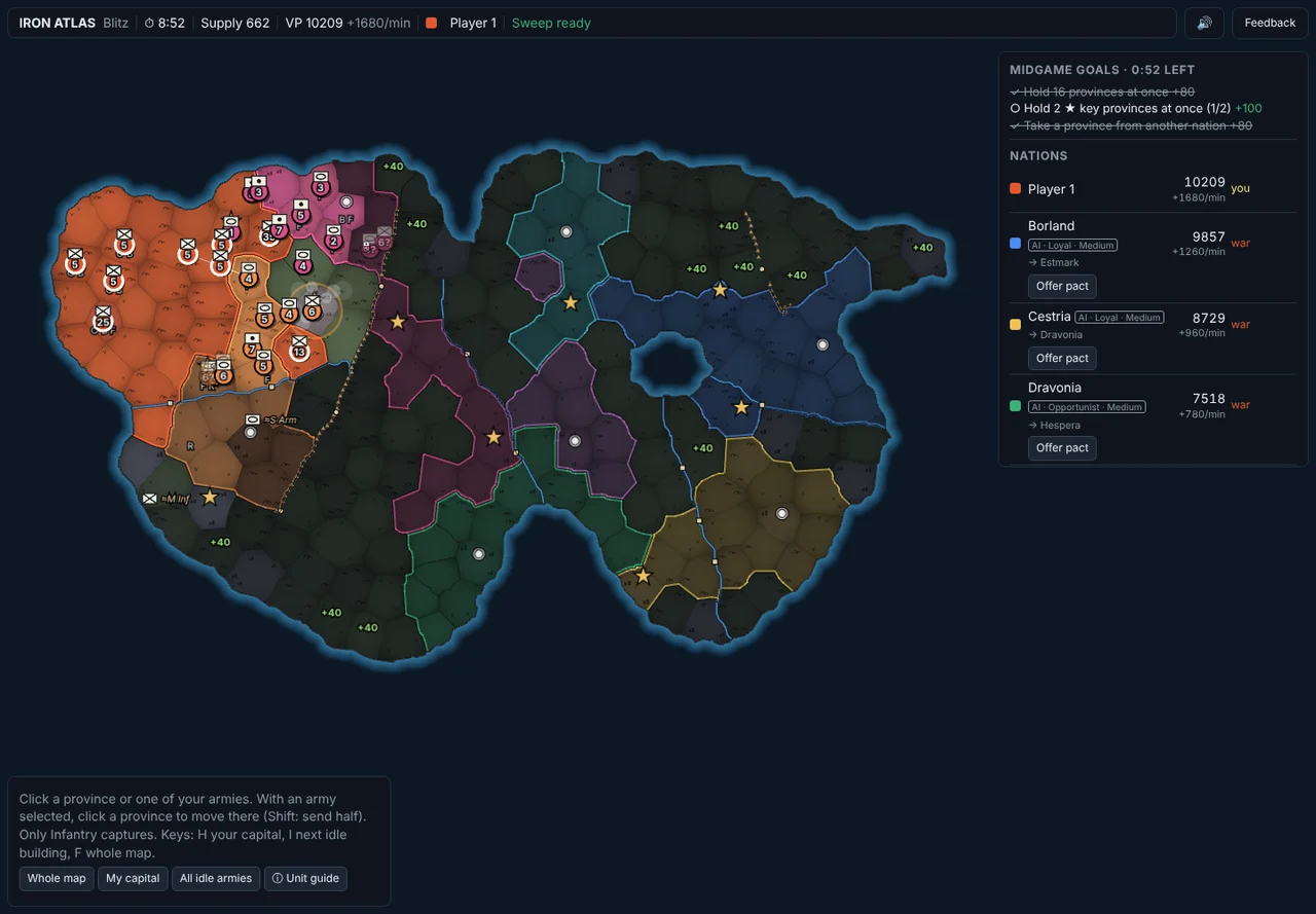 Iron Atlas: Gameplay map with coloured provinces, armies and the nations panel.