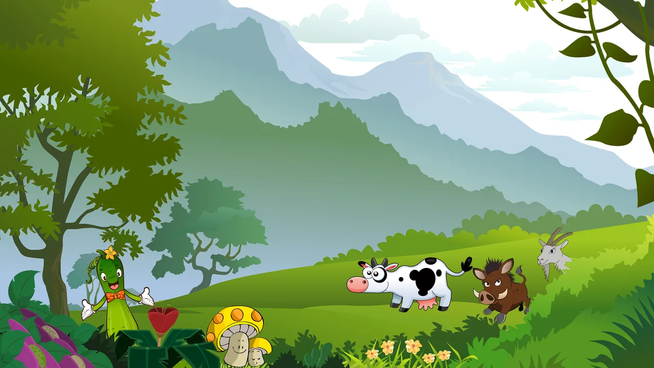 Plants vs Animals: Original artwork of cheerful plant defenders and farm animals in a green mountain landscape.